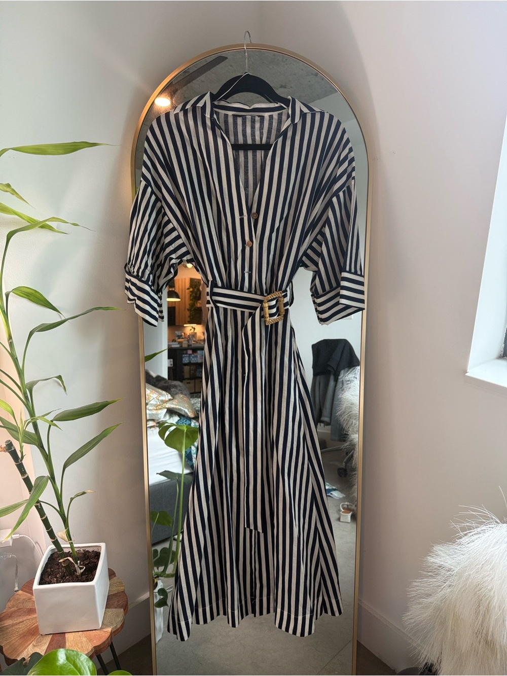 Zara belted linen Midi Dress in Navy and White